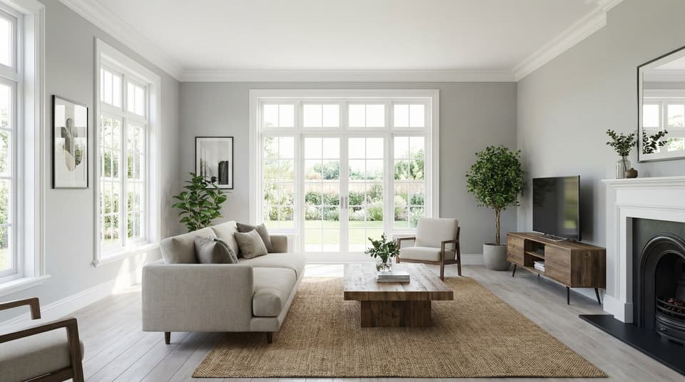Bright living room with freshly painted light gray walls and white trim