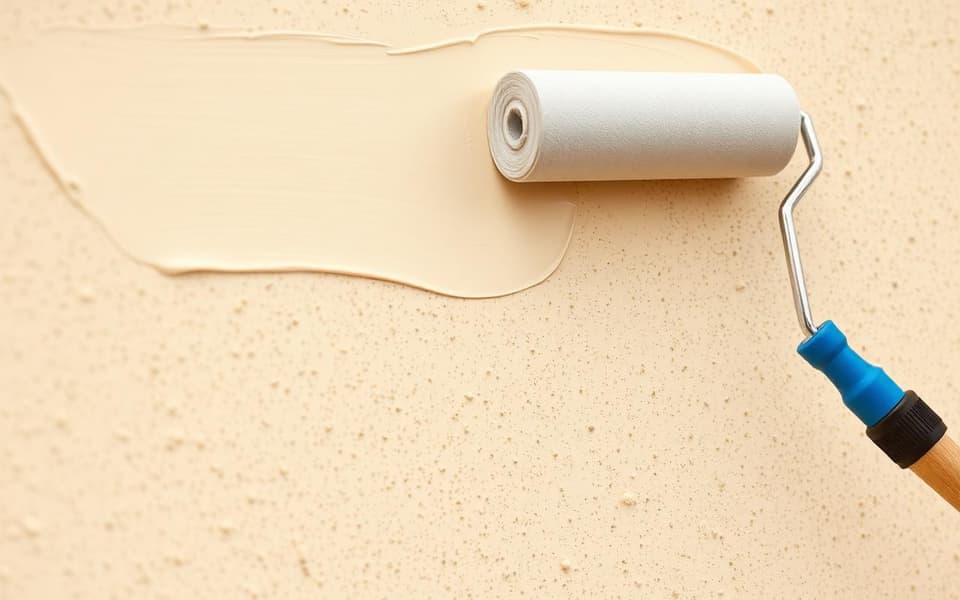 Paint roller applying a cream coat to a textured stucco wall