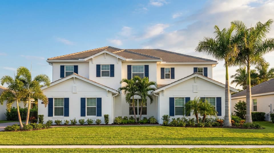 Two-story white stucco Florida home with navy shutters and palm trees