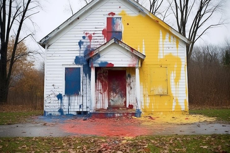 Dilapidated house exterior with vibrant paint splatters in red, blue, and yellow, illustrating the effects of weather on residential painting in Florida.