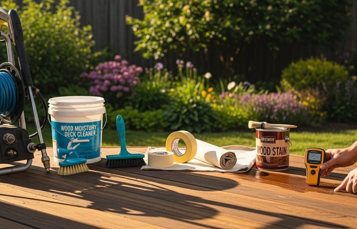 Wood staining preparation tools including a bucket of deck cleaner, brushes, tape, and moisture meter on a wooden deck in a garden setting, emphasizing outdoor maintenance and painting services.