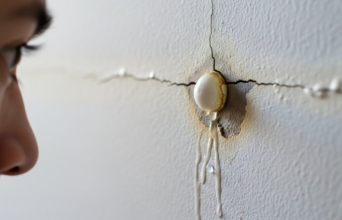 Close-up of bubbling paint on drywall, showing a crack and water damage, illustrating issues related to post-leak repair and maintenance.